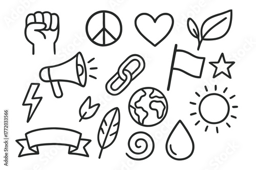 Activist Symbols Illustration. Activist symbols. Hand-drawn doodle illustration Activist symbols raised fist, peace sign, heart, leaf, megaphone, flag, star,