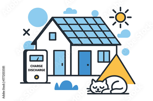 Solar-Powered Cozy Home. Home Battery & Solar Roof. A cozy house wears neat PV shingles; a wall battery glows with ?Charge ? Discharge.? A pet naps under a