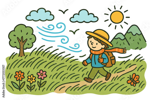 Windy Grassland Adventure. windy grassland. Colorful Hand-drawn doodle Children illustration windy grassland person, tall grass, wind, mountain, clouds, sun,