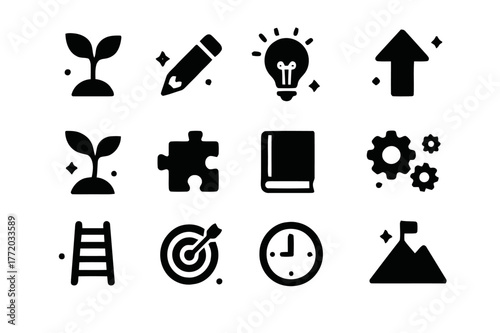 Learning Icons Grid. Learning Journey. Solid icons set of Learning Journey: plant sprout, broken pencil, light bulb, upward arrow, seedling, puzzle piece,