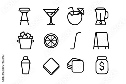 Pool Bar Icon Set. Pool Bar. Line icon set of Pool Bar: bar stool, cocktail glass, coconut drink, blender, ice bucket, fruit garnish, straw, menu board,
