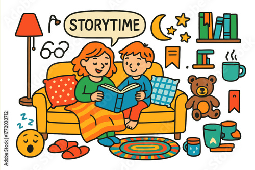 Cozy Storytime Scene. Storytime on the sofa. Colorful Hand-drawn doodle Children illustration Storytime on the sofa open book, blanket, pillows, lamp, glasses,