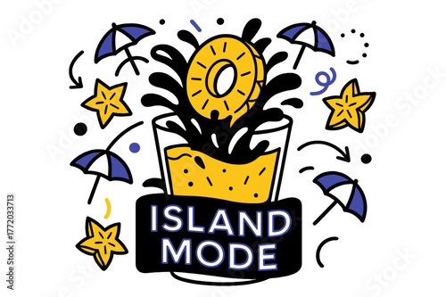 Pineapple Splash Art. Tropical pineapple splash. A ring of pineapple dives into a glass like a life buoy; ?Island mode? glows. Tiny umbrellas and starfruit