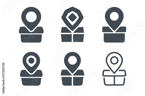 Geocaching Logo Variations. Geocaching. Set Logo of Geocaching: GPS pin on cache container. harmonious logo variations of the same emblematic concept, each