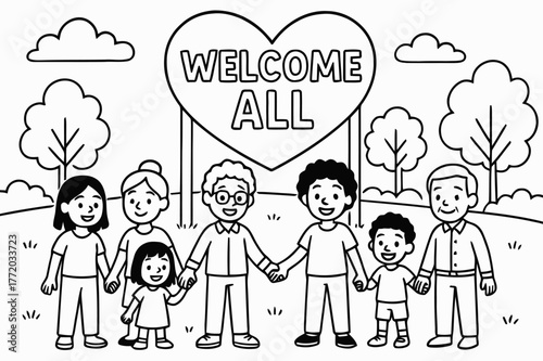 Inclusive Families Coloring. Respect for all families children?s coloring book illustration, outlined drawing, diverse families holding hands in a park under a