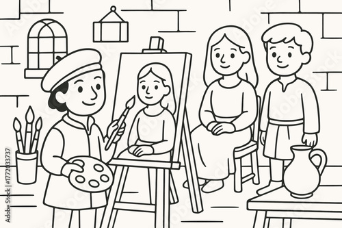 Kids' Art Studio. Renaissance art studio children?s coloring book illustration, outlined drawing, painter working on a canvas with models and brushes around,