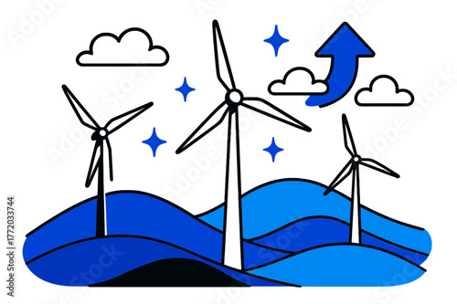 Renewable Energy Landscape. Rolling hills. Wind turbines on rolling hills with abstract floating arrows, clouds, and sparkles; conveys renewable energy,