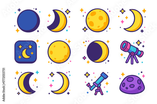 Moon Phases Icons. Moon cycle. Colorful isometric vector icons set of moon cycle: new moon, waxing crescent, first quarter, waxing gibbous, full moon, waning