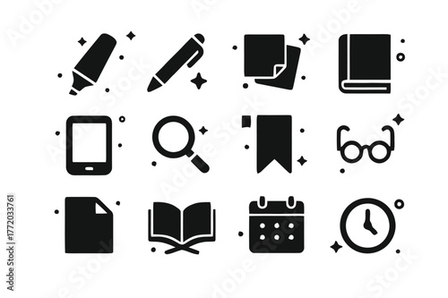 Reading Tools Icons. Reading and Study Tools. Solid icons set of Reading and Study Tools: highlighter, pen, sticky notes, notebook, tablet,