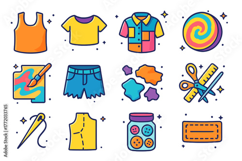 Upcycled Fashion Icons. Upcycled clothing ideas. Colorful isometric vector icons set of Upcycled clothing ideas: cut-sleeve tank top, crop tee, patchwork