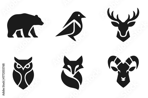 Eurasian Wildlife Logos. Eurasia. Set Logo of Eurasian Wildlife: Filled silhouette, Abstract geometric, Negative space, Symmetrical form, Stylized detail,