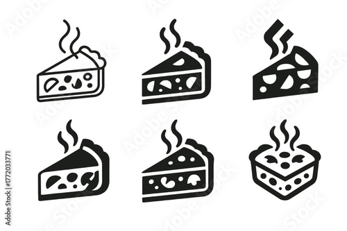Quiche Logos. Cooking a savory quiche with vegetables and cheese. Set Logo of Cooking a savory quiche with vegetables and cheese: sliced quiche with steam