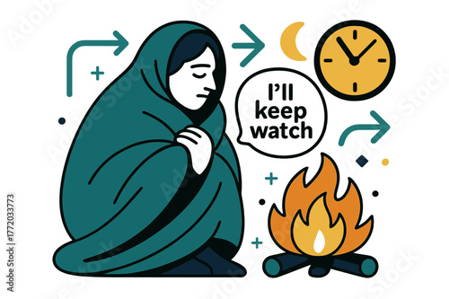 Hearth's Night Sentinel. Keeper of the Hearth ? Night Watch. A figure wrapped in a blanket listens to the quiet crackle; clock icon rests at ?:?. Whispered