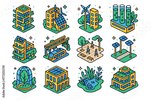 Solarpunk City Icons. solarpunk cityscapes. Colorful isometric vector icons set of solarpunk cityscapes: vertical gardens, solar facades, micro wind turbines,