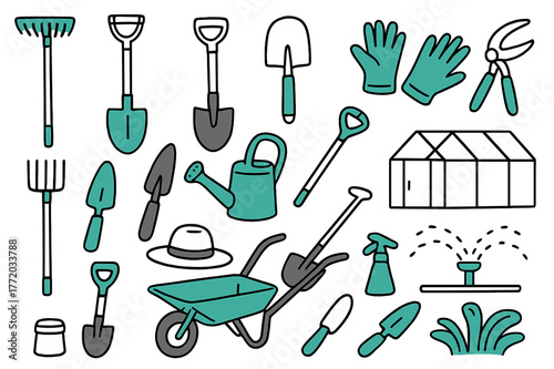 Colorful Gardening Tools. Gardening tools. Hand-drawn doodle illustration Gardening tools, rakes, hoes, shovels, trowels, watering cans, gloves, pruning