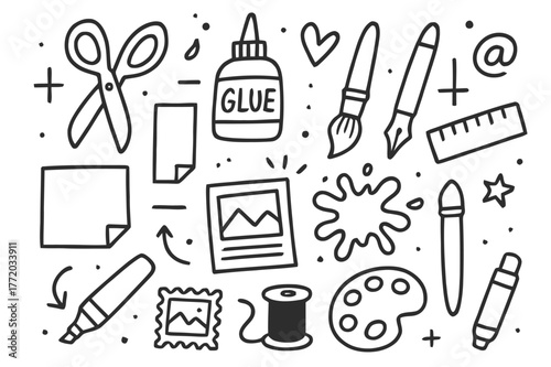 Craft Toolbox Icons. Mixed media art. Hand-drawn doodle illustration mixed media art scissors, glue, brush, pen, paper, magazine cutout, paint splatter, ruler,