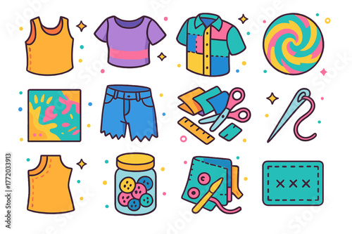 Colorful Upcycled Clothing Icons. Upcycled clothing ideas. Colorful isometric vector icons set of Upcycled clothing ideas: cut-sleeve tank top, crop tee,