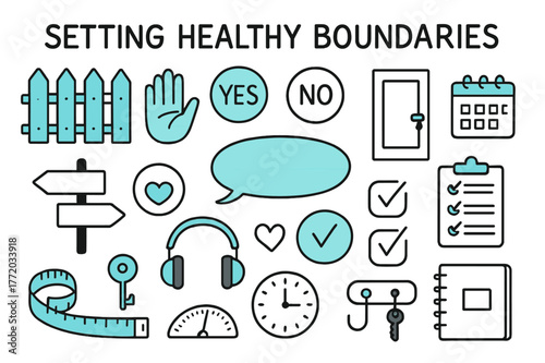Healthy Boundaries Icons. Setting healthy boundaries. Hand-drawn doodle illustration setting healthy boundaries [fence line (accented), stop hand (accented),