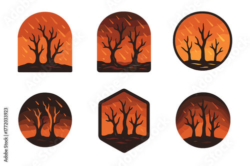 Blackened Trees Logos. blackened trees in hellscape. Set Logo of blackened trees in hellscape: Ember rain across scorched forest. Icon set. harmonious logo