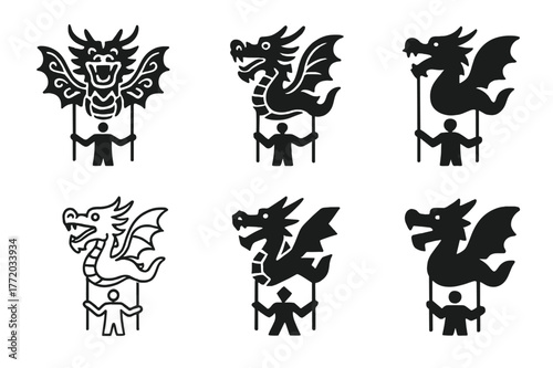 Giant Puppet Logos. giant puppets. Set Logo of giant puppets: Street parade dragon puppet. Icon set. harmonious logo variations of the same emblematic concept,