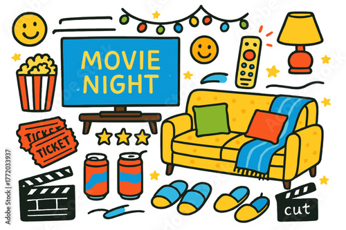 Cozy Movie Night Doodles. Movie night at home. Colorful Hand-drawn doodle Children illustration Movie night at home TV screen, remote control, popcorn bucket,