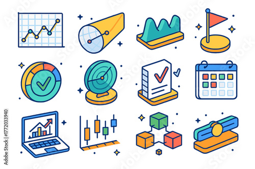 Colorful Forecasting Icons Set. Demand forecasting. Colorful isometric vector icons set of Demand forecasting: time series graph, forecast cone, seasonality