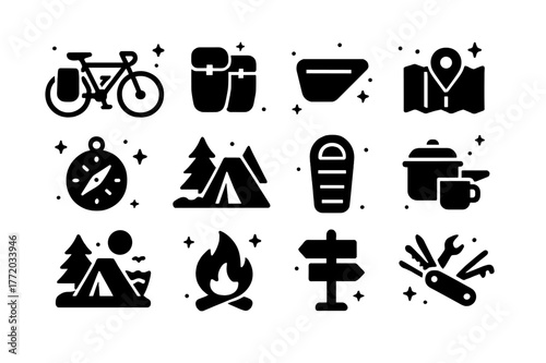 Coastal Bike Adventure Icons. Scenic bike touring by the sea. Solid icons set of Scenic bike touring by the sea: touring bike, pannier bags, frame bag, map,