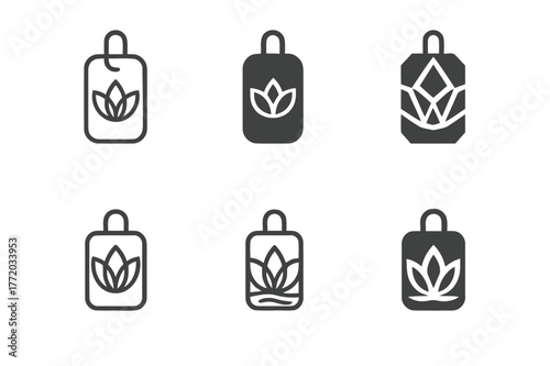 Lotus Luggage Logos. Wellness retreat travel. Set Logo of Wellness retreat travel: lotus over luggage tag. harmonious logo variations of the same emblematic