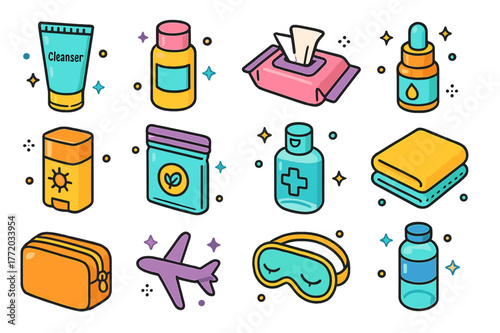 Travel Skincare Icon Set. Travel skincare hygiene. Colorful isometric vector icons set of Travel skincare hygiene: mini cleanser tube, travel-sized toner,