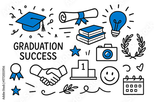 Graduation Celebration Doodles. Graduation success. Hand-drawn doodle illustration graduation success graduation cap (accented), diploma scroll (accented),