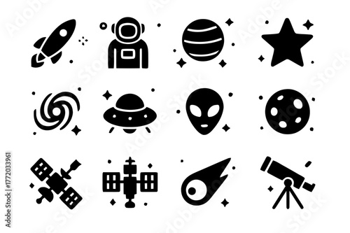 Space Exploration Icons. space exploration. Solid icons set of space exploration: rocket, astronaut, planet, star, galaxy, spaceship, alien, moon, satellite,