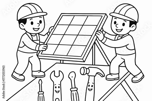 Solar Panel Installation Fun. Installing solar panels safely children?s coloring book illustration, outlined drawing, two workers wearing helmets securing a