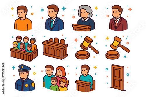Courtroom Icons Grid. Family of defendant in courtroom. Colorful isometric vector icons set of family of defendant in courtroom: defendant, defense lawyer,