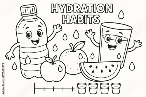 Hydration Celebration Illustration. Hydration habits children?s coloring book illustration, outlined drawing, a happy water bottle and glass cheering beside