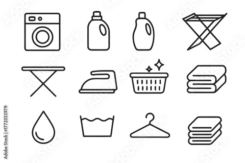 Laundry Icons Grid. Laundry care. Line icon set of laundry care: washing machine, detergent bottle, fabric softener, drying rack, ironing board, iron, laundry