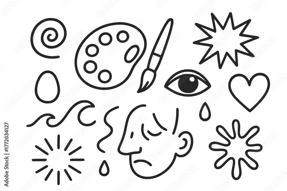 Fototapeta premium Expression Doodle Icons. Expression through color. Hand-drawn doodle illustration expression through color palette, brush, swirl, eye, heart, wave, tear, paint