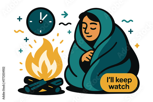 Night Watchkeeper Scene. Keeper of the Hearth ? Night Watch. A figure wrapped in a blanket listens to the quiet crackle; clock icon rests at ?:?. Whispered