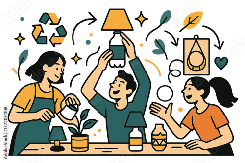 Creative Upcycling Workshop. Upcycling and creative reuse of materials. Workshop scene with multiple upcycled craft projects like lamps, planters, and decor