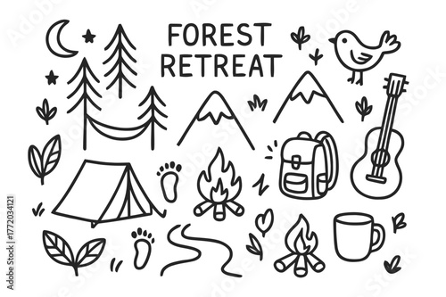 Forest Retreat Icons. Forest retreat. Hand-drawn doodle illustration forest retreat pine trees, tent, campfire, stream, leaves, footprints, mug, stars, moon,