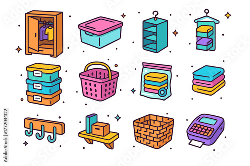 Colorful Home Storage Icons. Home organization storage. Colorful isometric vector icons set of Home organization storage: wardrobe, shoe rack, under-bed box,
