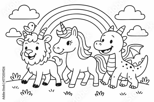 Chimera's Magical Journey. Chimera and friends adventure children?s coloring book illustration, outlined drawing, a cheerful chimera walking side by side with