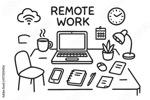Doodle Workspace Elements. Remote work setup. Hand-drawn doodle illustration remote work setup desk, laptop, coffee cup, chair, wifi, plant, notebook, clock,
