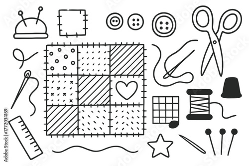 Patchwork Quilting Icons. Patchwork quilting. Hand-drawn doodle illustration patchwork quilting fabric squares, stitching lines, heart, star, needle, thread,