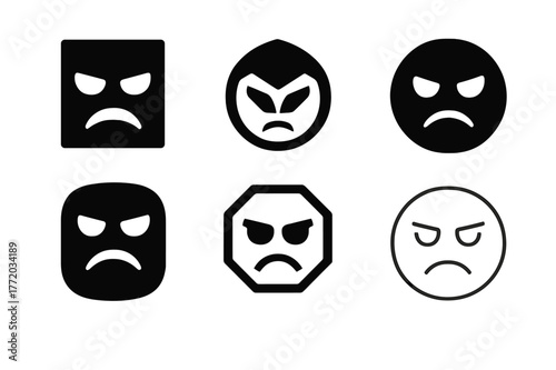 Six Uneasy Face Logos. Uneasy face. Set Logo of Uneasy face: shadowed eyes under brow. harmonious logo variations of the same emblematic concept, each with