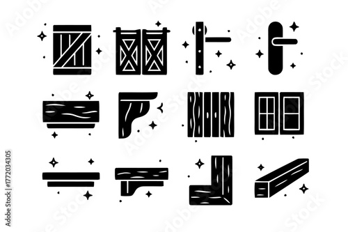 Barnwood Accents Icons. Barn door and barnwood accents. Solid icons set of Barn door and barnwood accents: Z-brace barn door, double barn doors, sliding