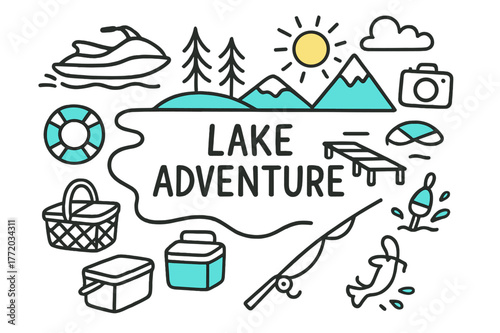 Lake Adventure Doodle. // Lake adventure. Hand-drawn doodle illustration Lake adventure [jet ski, lake outline (accented), pine trees, dock (accented), life