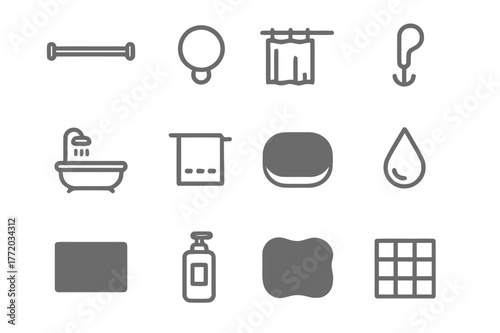 Shower Hardware Icons. Shower hardware. Line icon set of shower hardware: curtain rod, ring, shower curtain, hook, bathtub, towel, soap, water droplet, bath