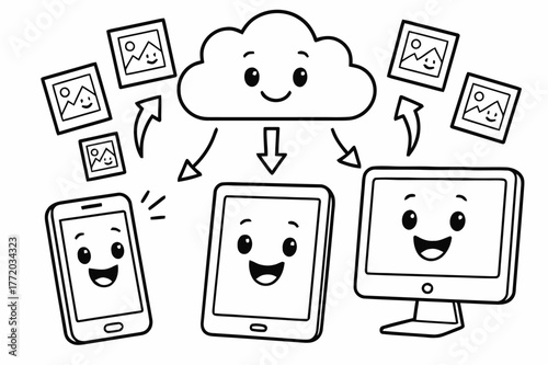Digital Sharing Fun. Sharing photos online children?s coloring book illustration, outlined drawing, a phone, tablet, and computer sending happy photo icons