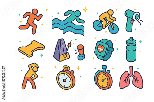 Athlete Breathwork Icons. Breathwork for athletes. Colorful isometric vector icons set of breathwork for athletes: runner silhouette, swimmer figure, cyclist