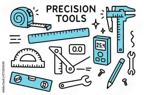 Doodle Precision Tools. // Precision tools. Hand-drawn doodle illustration Precision tools [tape measure (accented), caliper (accented), ruler (accented),